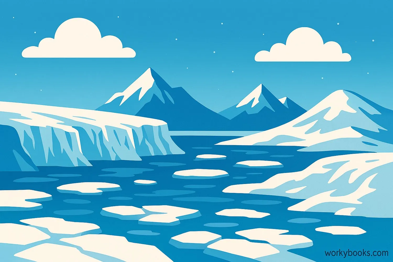 Arctic landscape showing ice, ocean, and snowy mountains