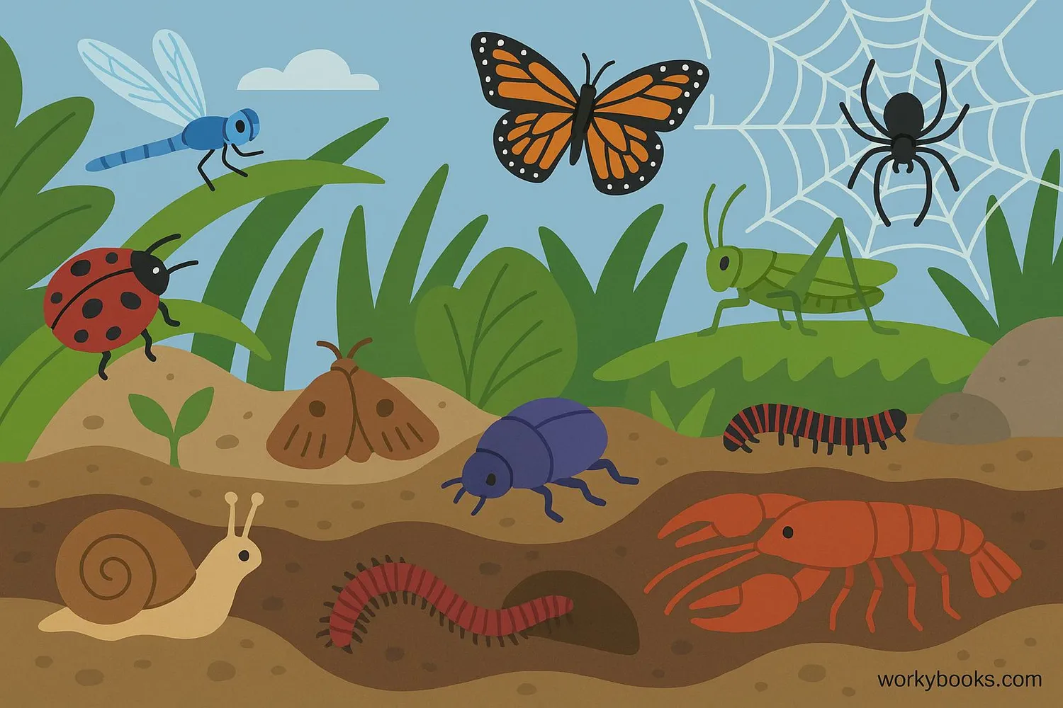 Image showing diverse arthropods including insects, spiders, crustaceans, and myriapods in their natural habitats.
