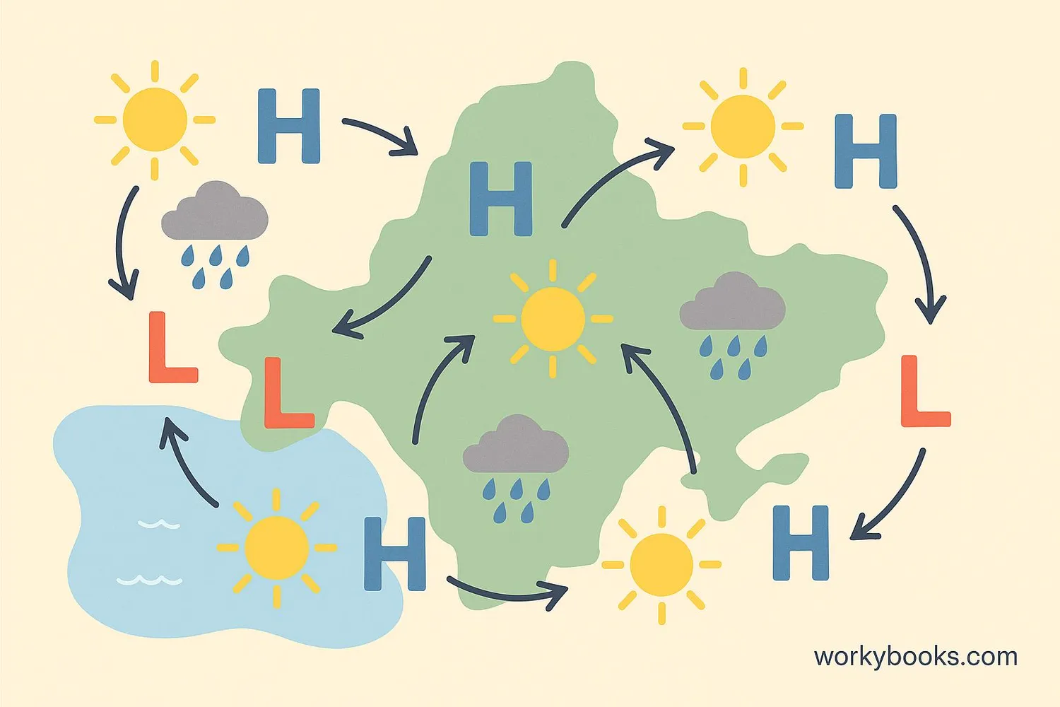Weather map showing high and low pressure systems with weather symbols