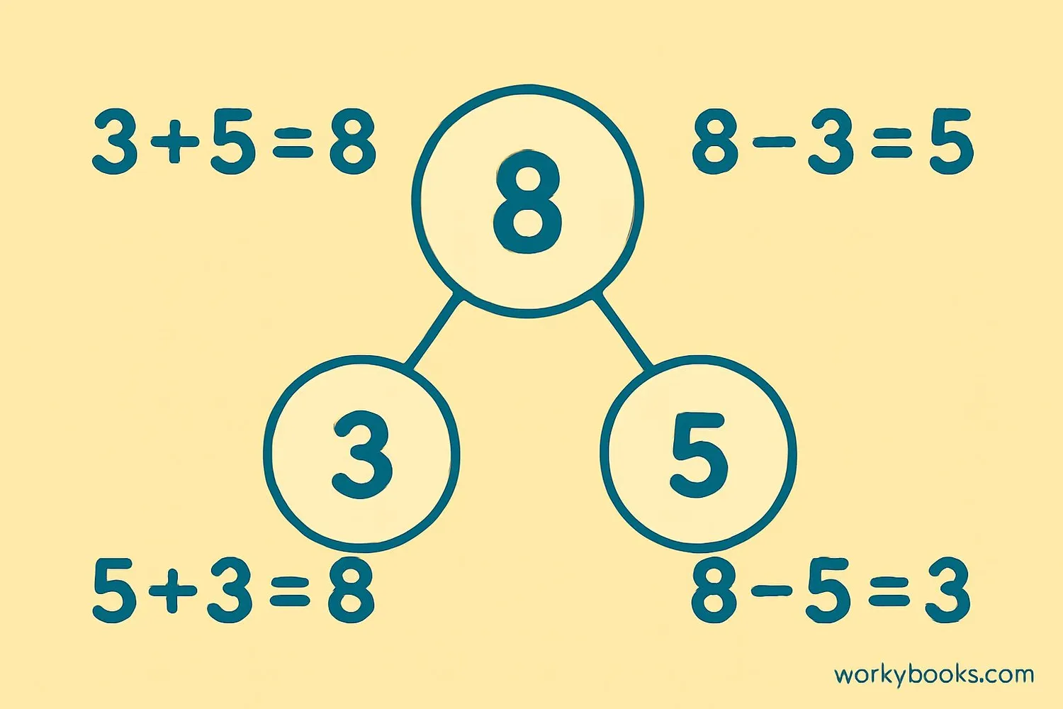 Number bond diagram showing the relationship between 3, 5, and 8 with addition and subtraction facts