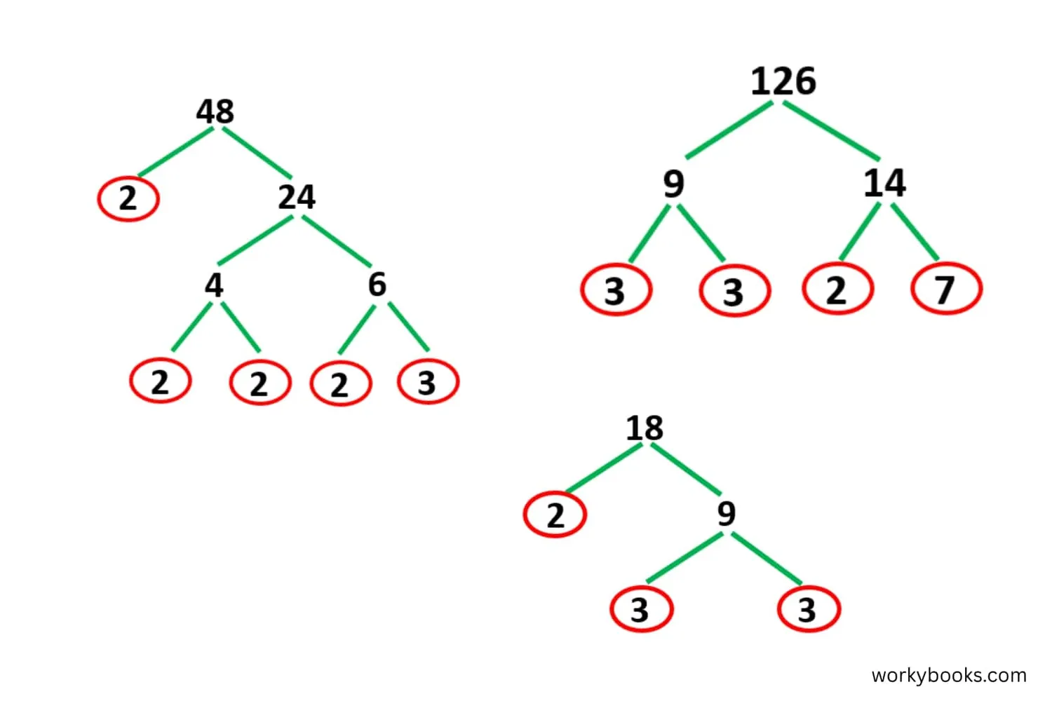 Multiple factor tree examples showing different numbers and their prime factorizations