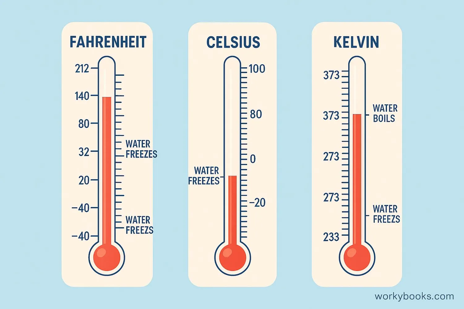 Visual comparison of Fahrenheit, Celsius and Kelvin temperature scales