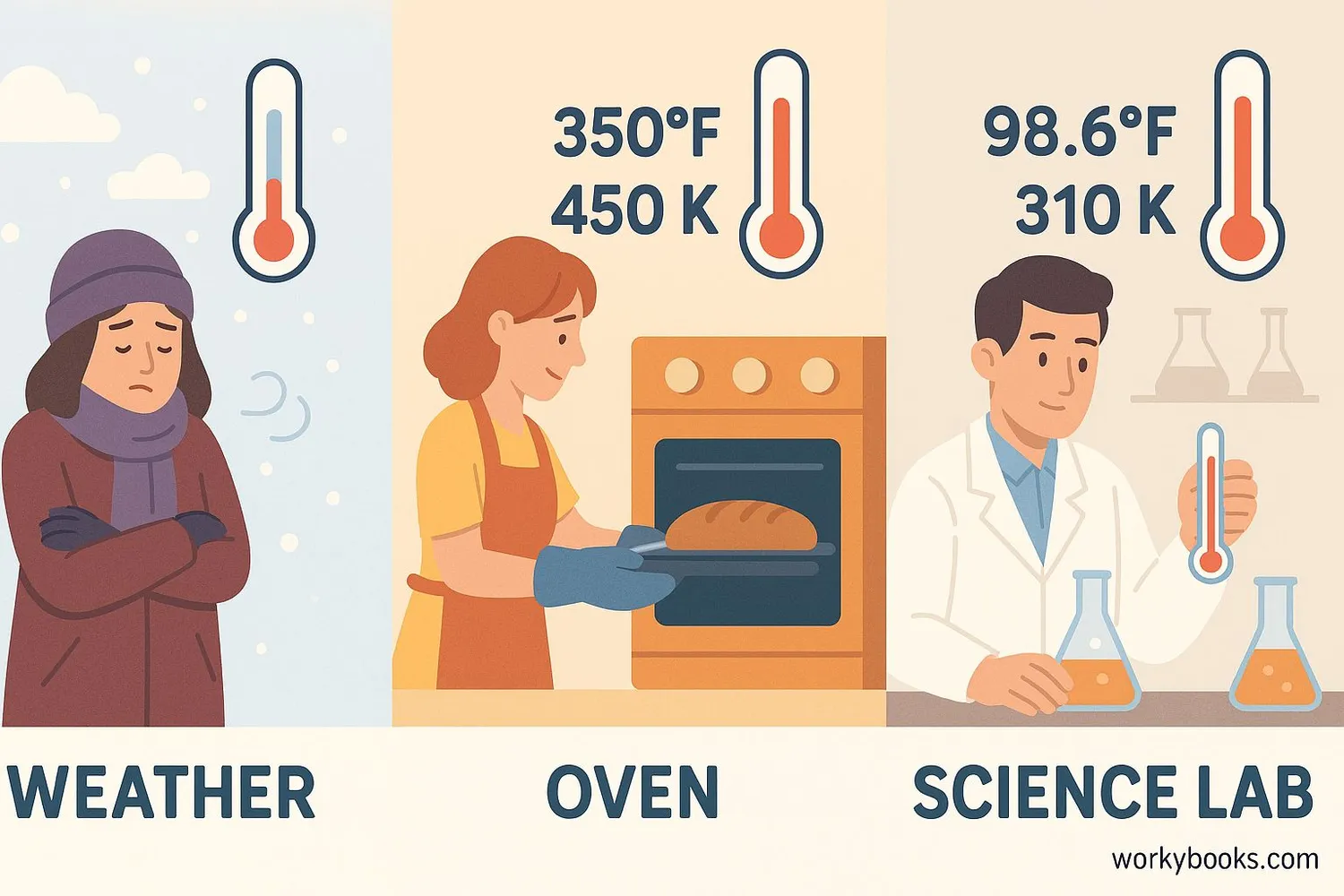 Everyday situations showing temperature in both Fahrenheit and Kelvin