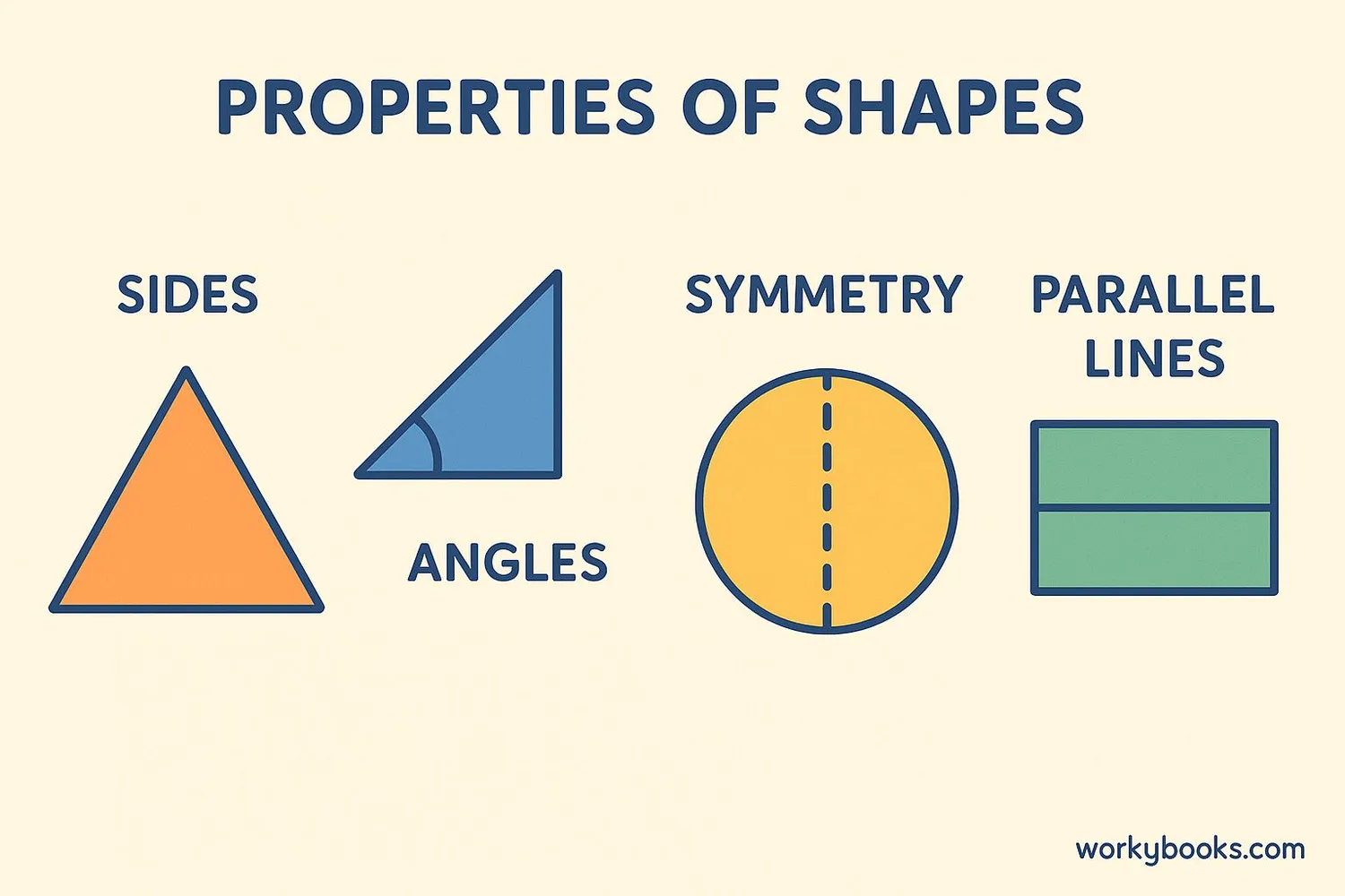 Diagram showing properties of shapes: sides, angles, symmetry, parallel lines