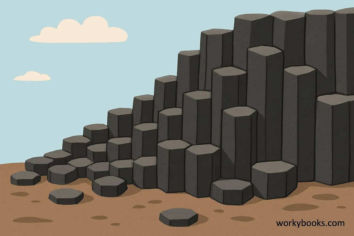 Illustration showing columnar jointing in basalt with hexagonal columns
