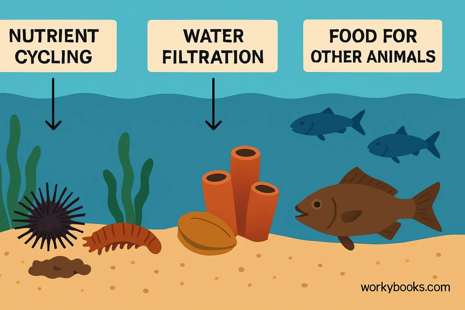 Illustration showing the role of benthos in nutrient cycling and food webs