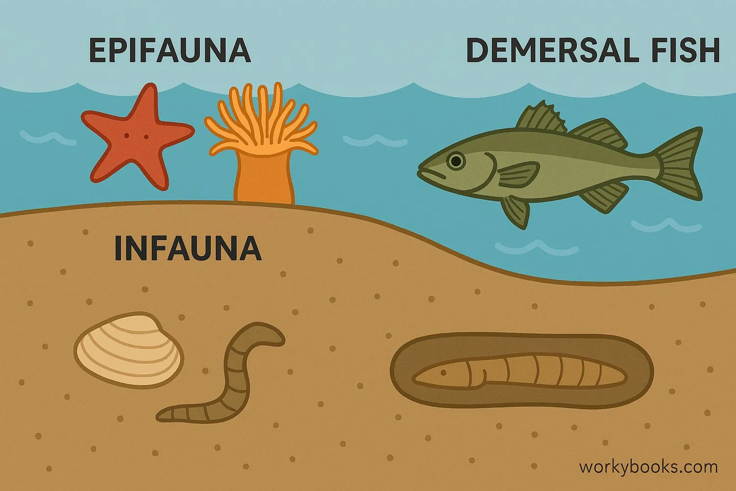 Diagram showing different types of benthic organisms including epifauna, infauna, and demersal fish