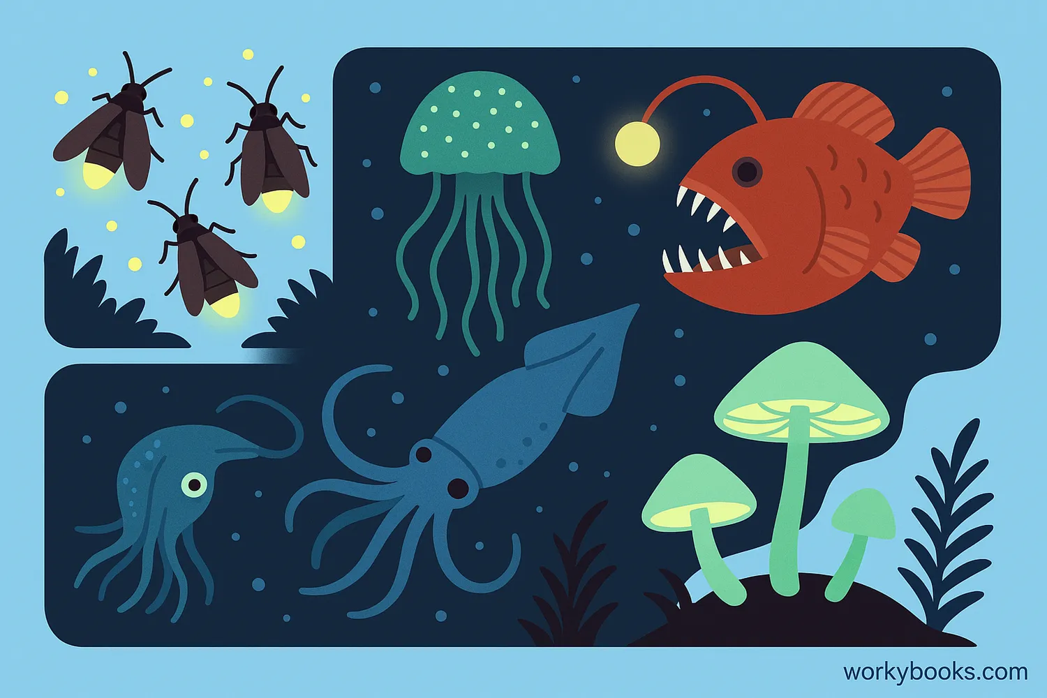Illustration showing different bioluminescent organisms in nature