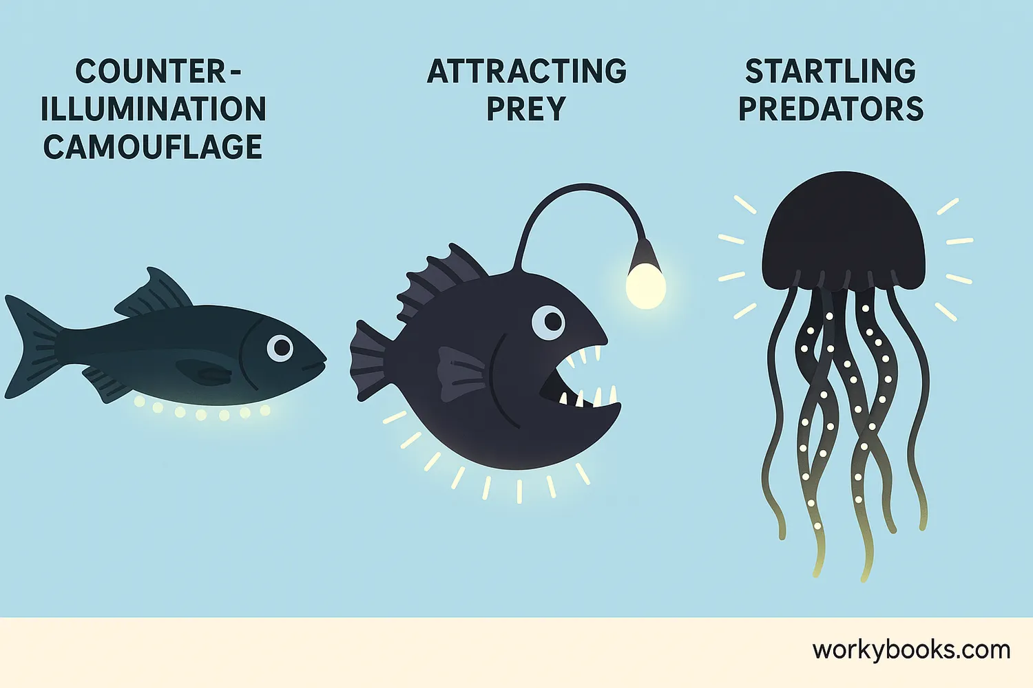 Illustration of bioluminescence uses in ocean creatures