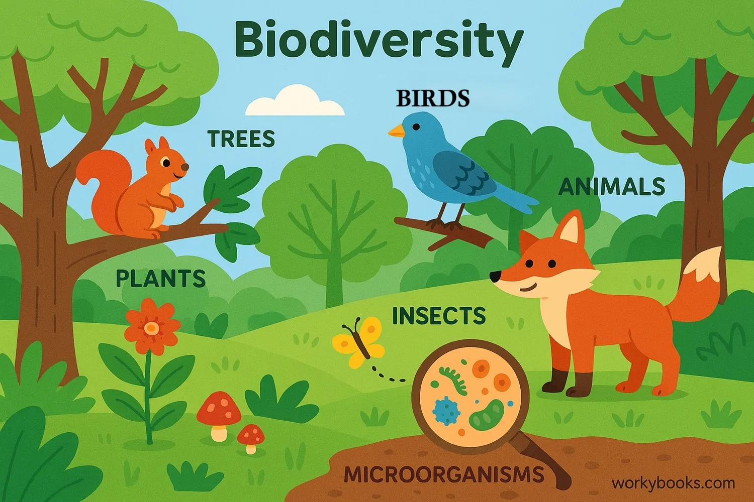 Illustration of a diverse ecosystem showing different species interactions