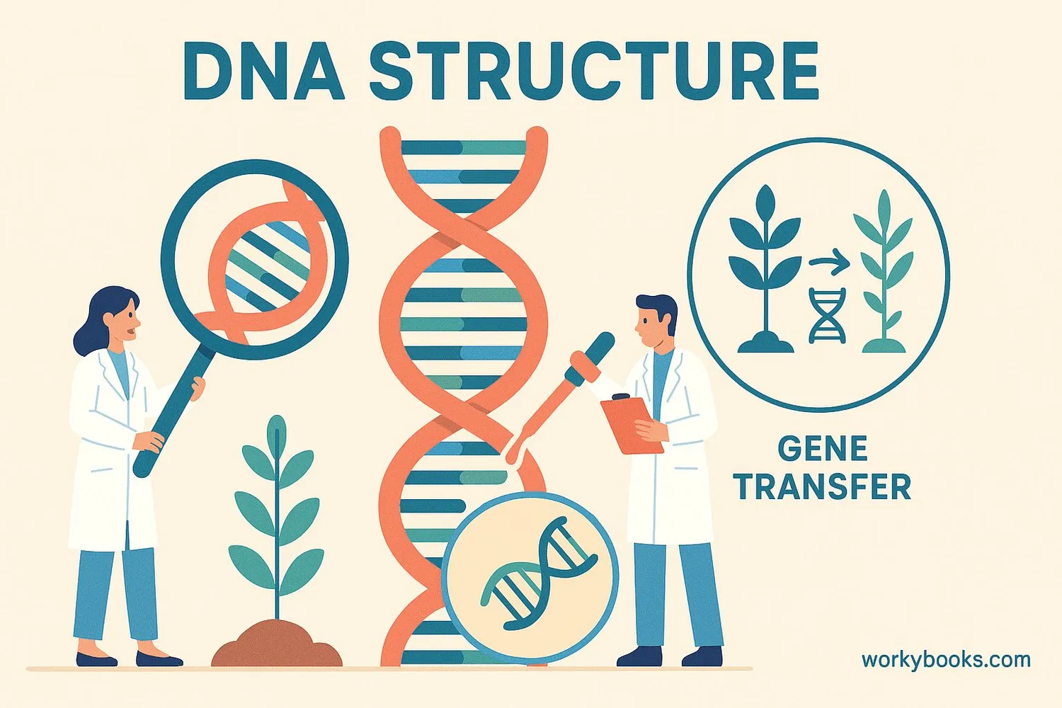 Diagram showing DNA structure, genetic engineering process, and how scientists modify organisms