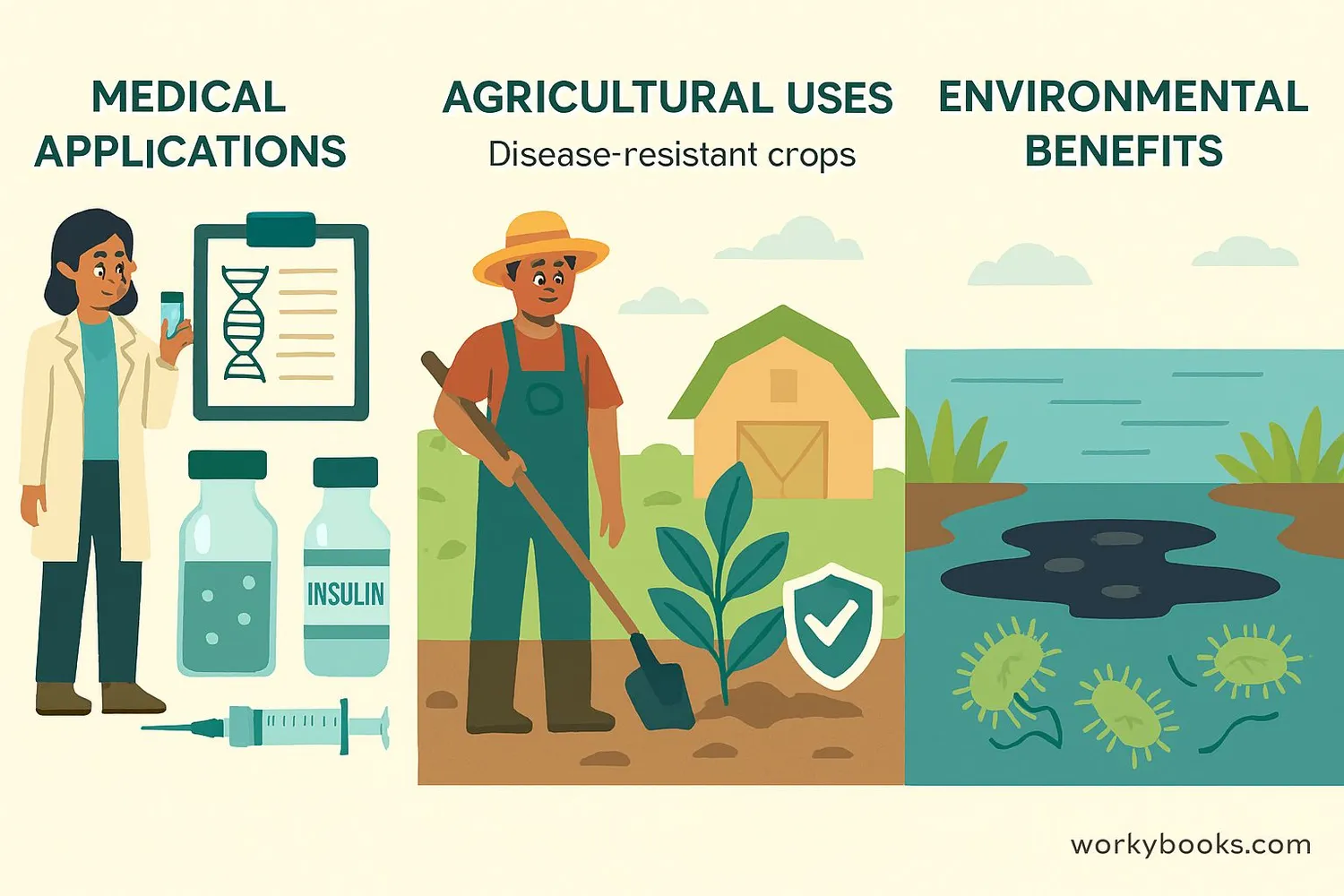 Illustration showing medical, agricultural, and environmental applications of biotechnology