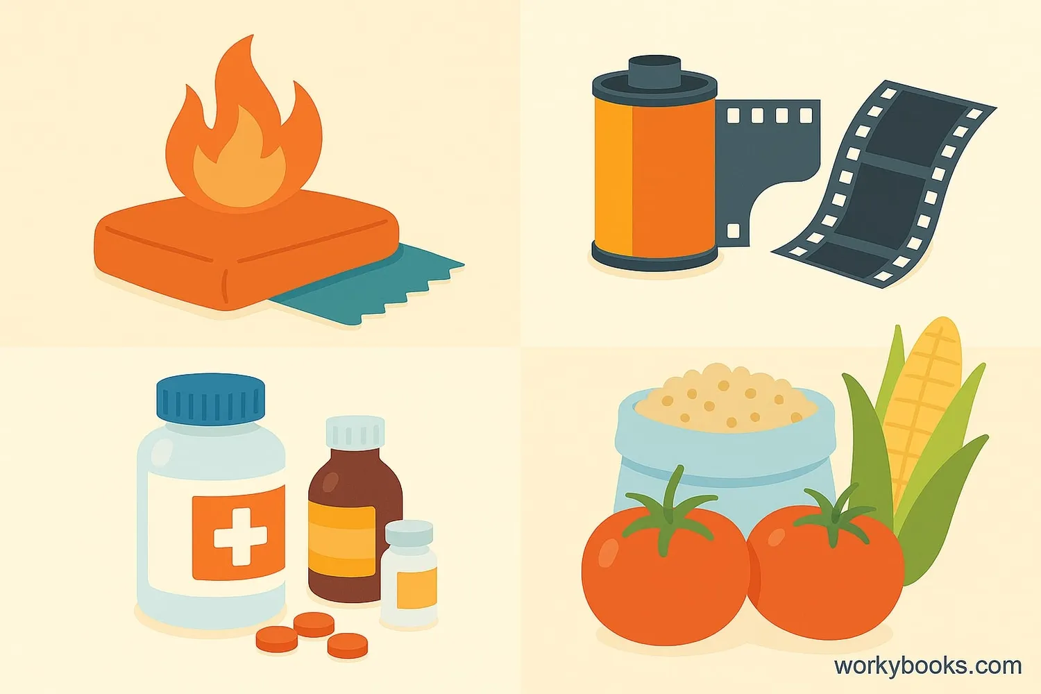 Collage showing various uses of bromine including flame retardants, photography, medicines, and agriculture