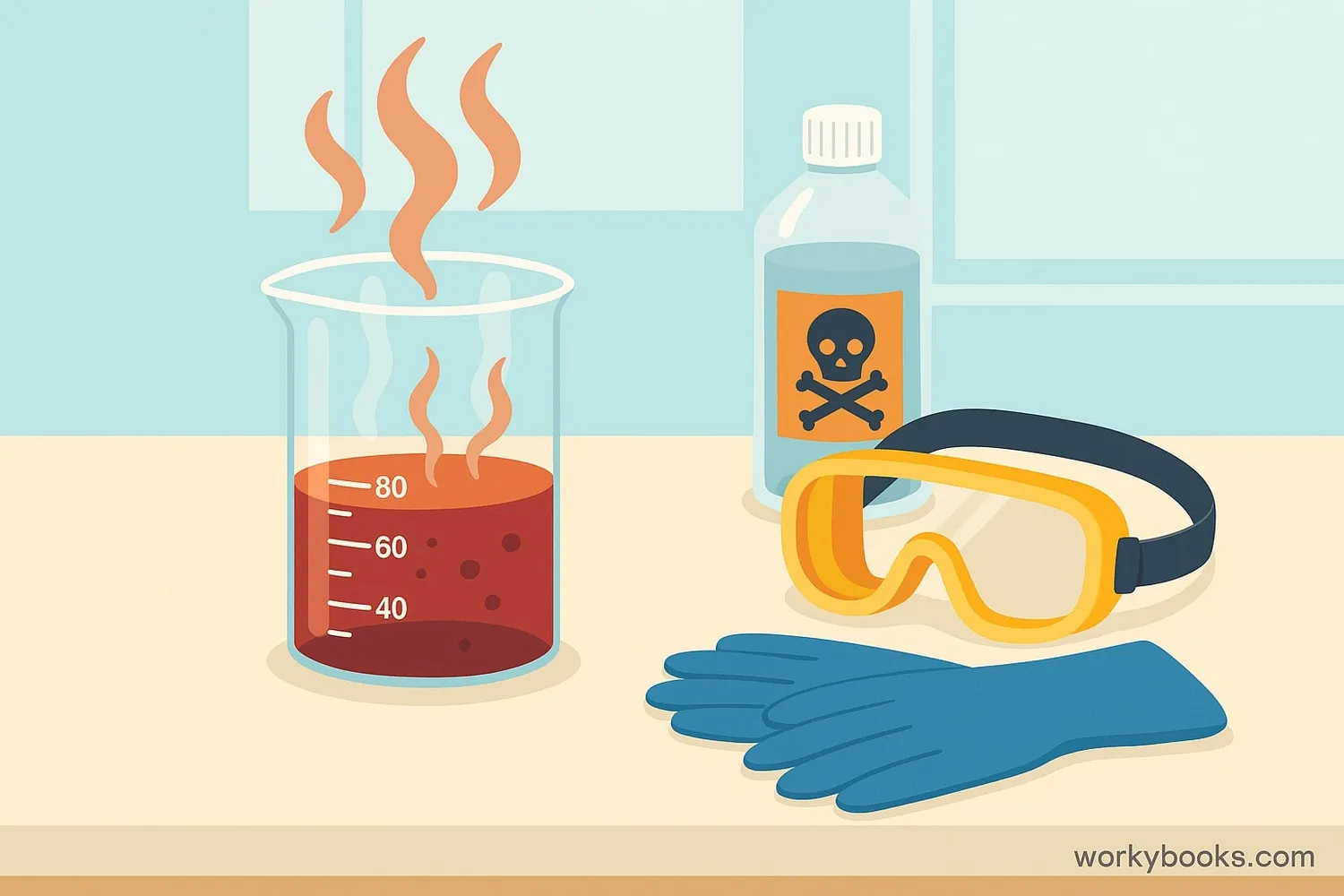 Visual representation of bromine as a reddish-brown liquid in a glass container with fumes