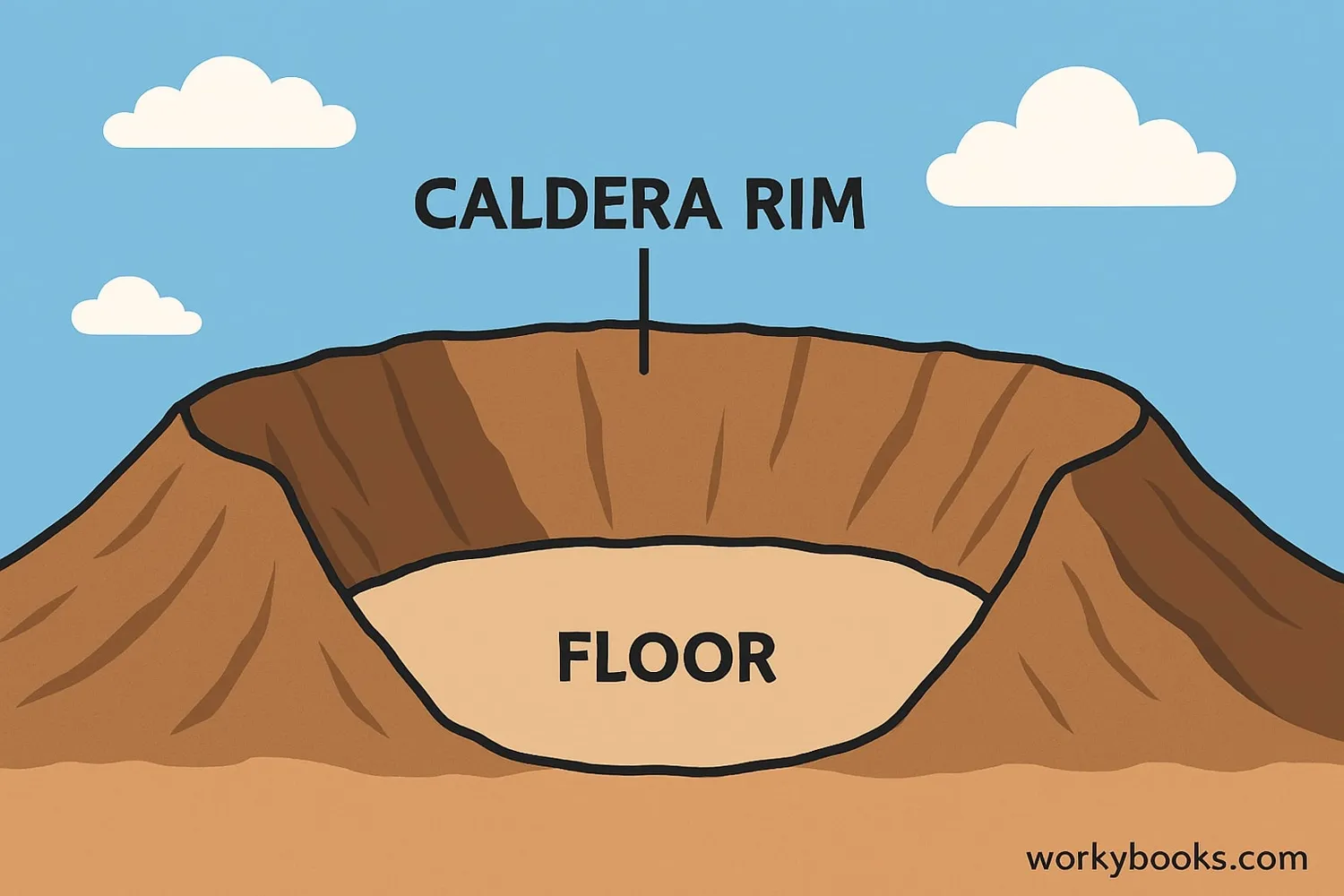 Diagram showing a large volcanic crater with steep walls and a flat floor