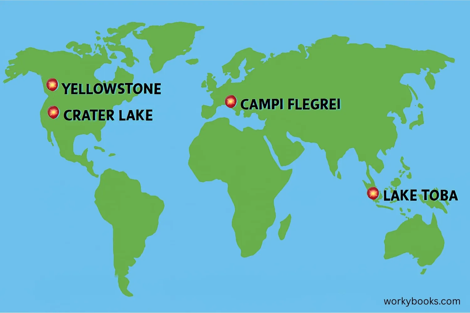 World map showing locations of famous calderas