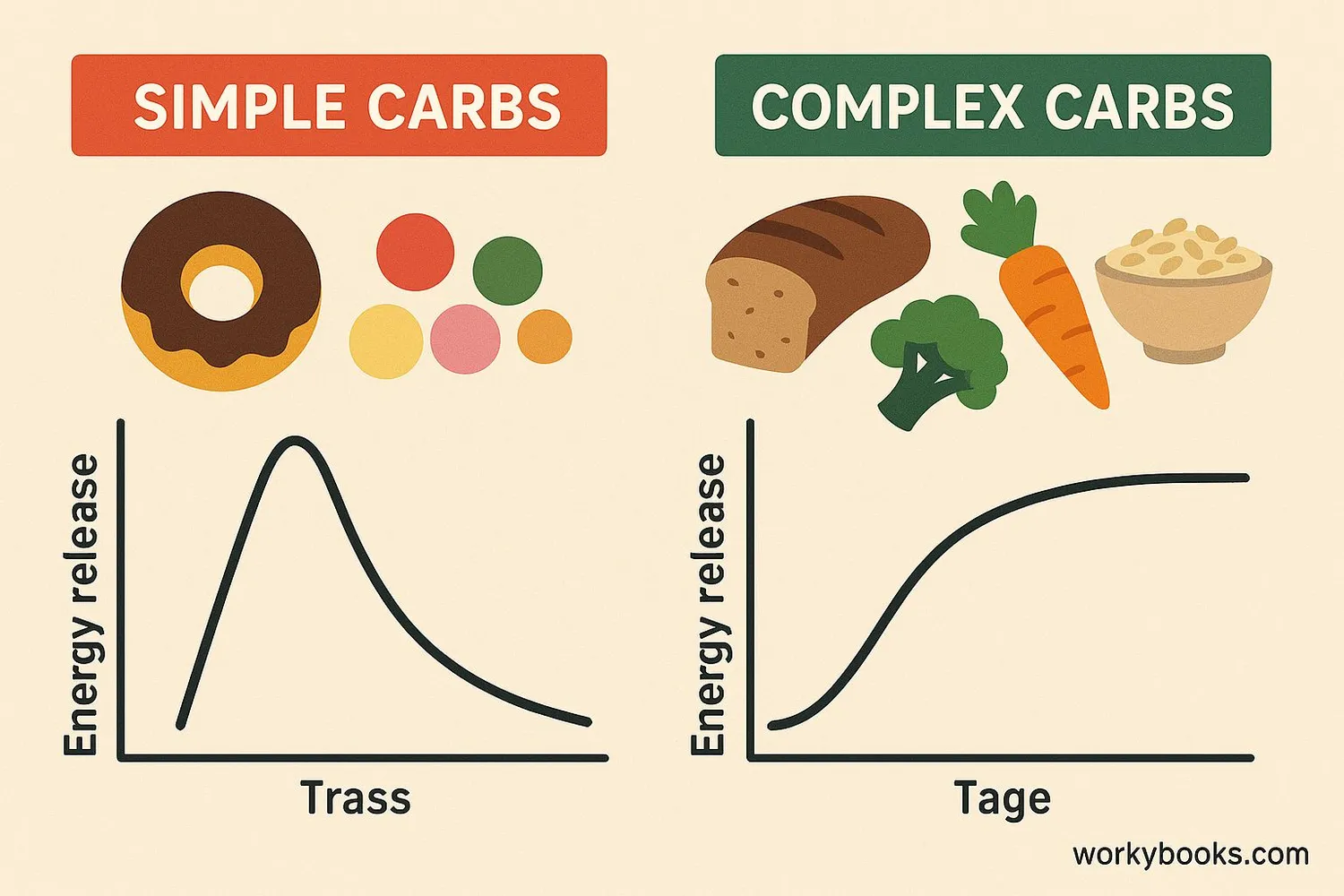 Simple carbohydrates provide quick energy while complex carbohydrates provide sustained energy