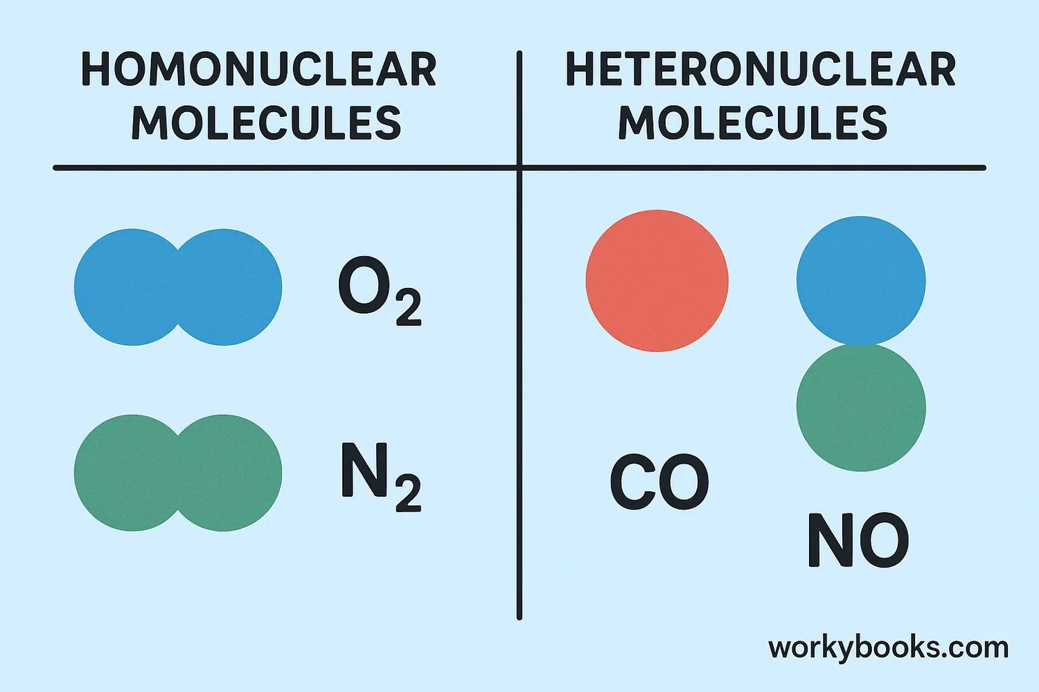 Diagram showing homonuclear diatomic molecules (same atoms) and heteronuclear diatomic molecules (different atoms)