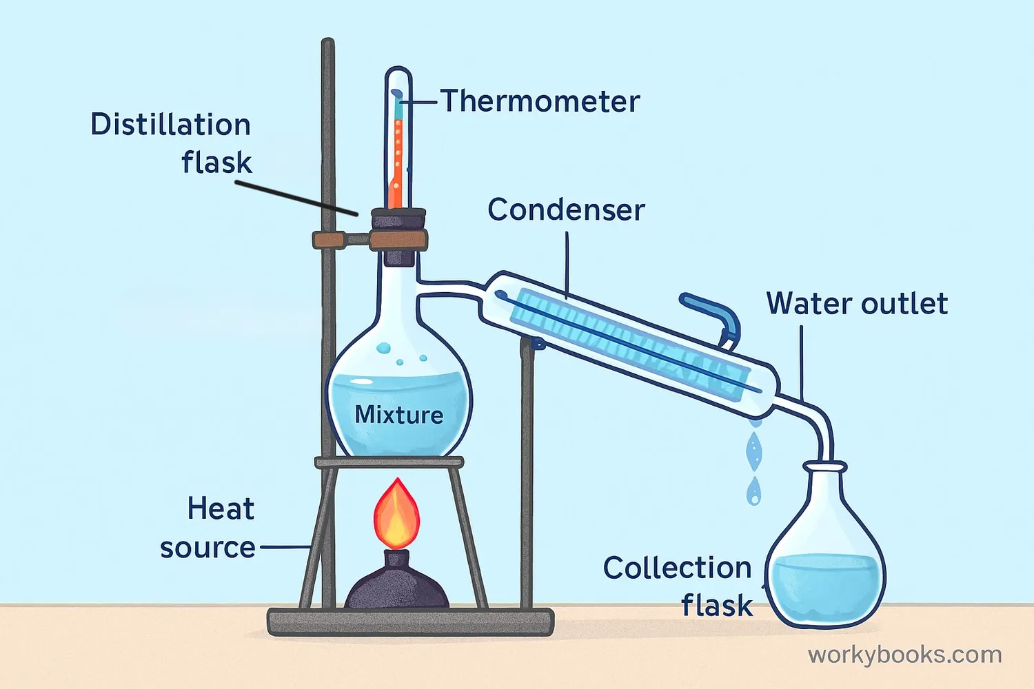 Labeled diagram of distillation apparatus and process