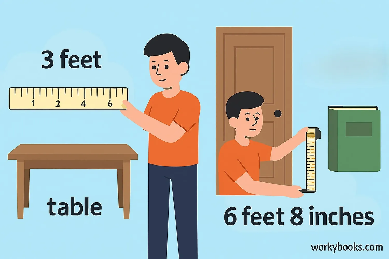 Step-by-step visual guide showing how to measure objects using feet