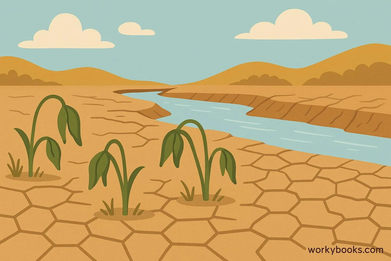 Visual representation of drought: Cracked earth, wilting plants, and low water levels