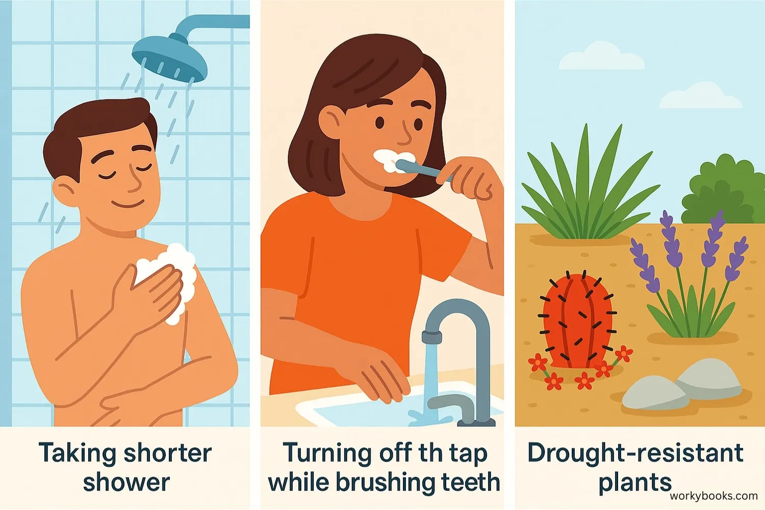 Illustration showing water conservation methods: shorter showers, turning off taps, using drought-resistant plants