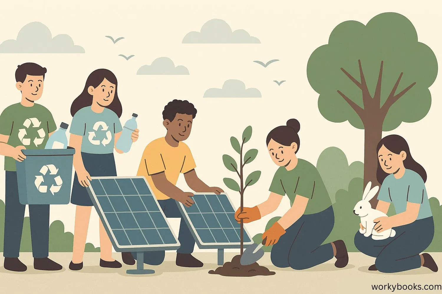 Illustration showing environmental protection practices like recycling, renewable energy, and conservation