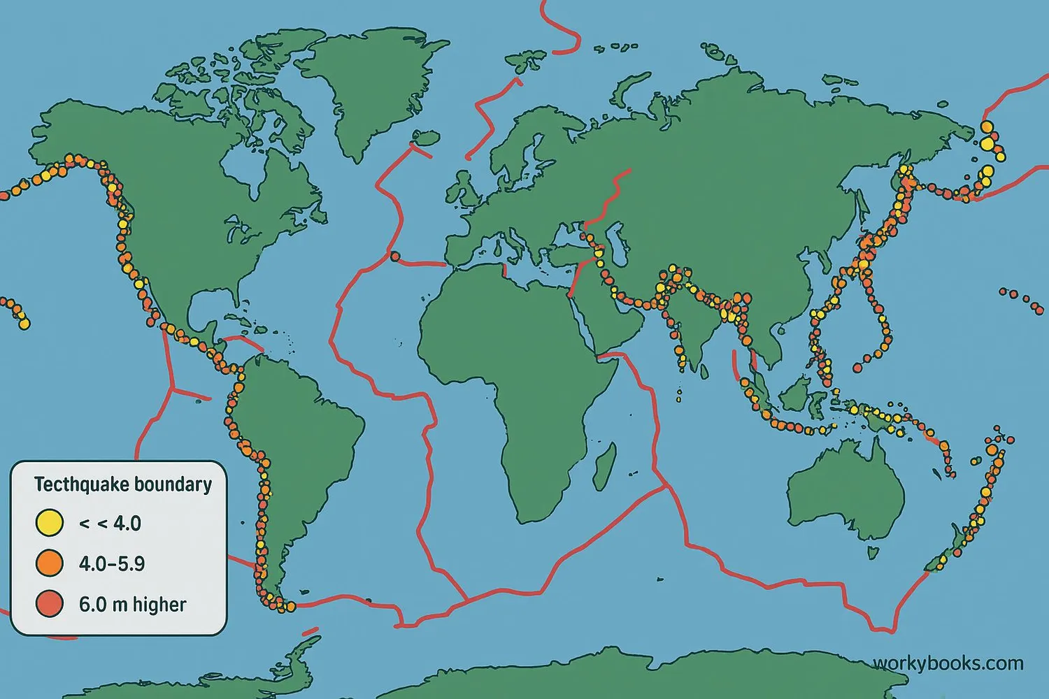 World map showing earthquake epicenters clustered along tectonic plate boundaries