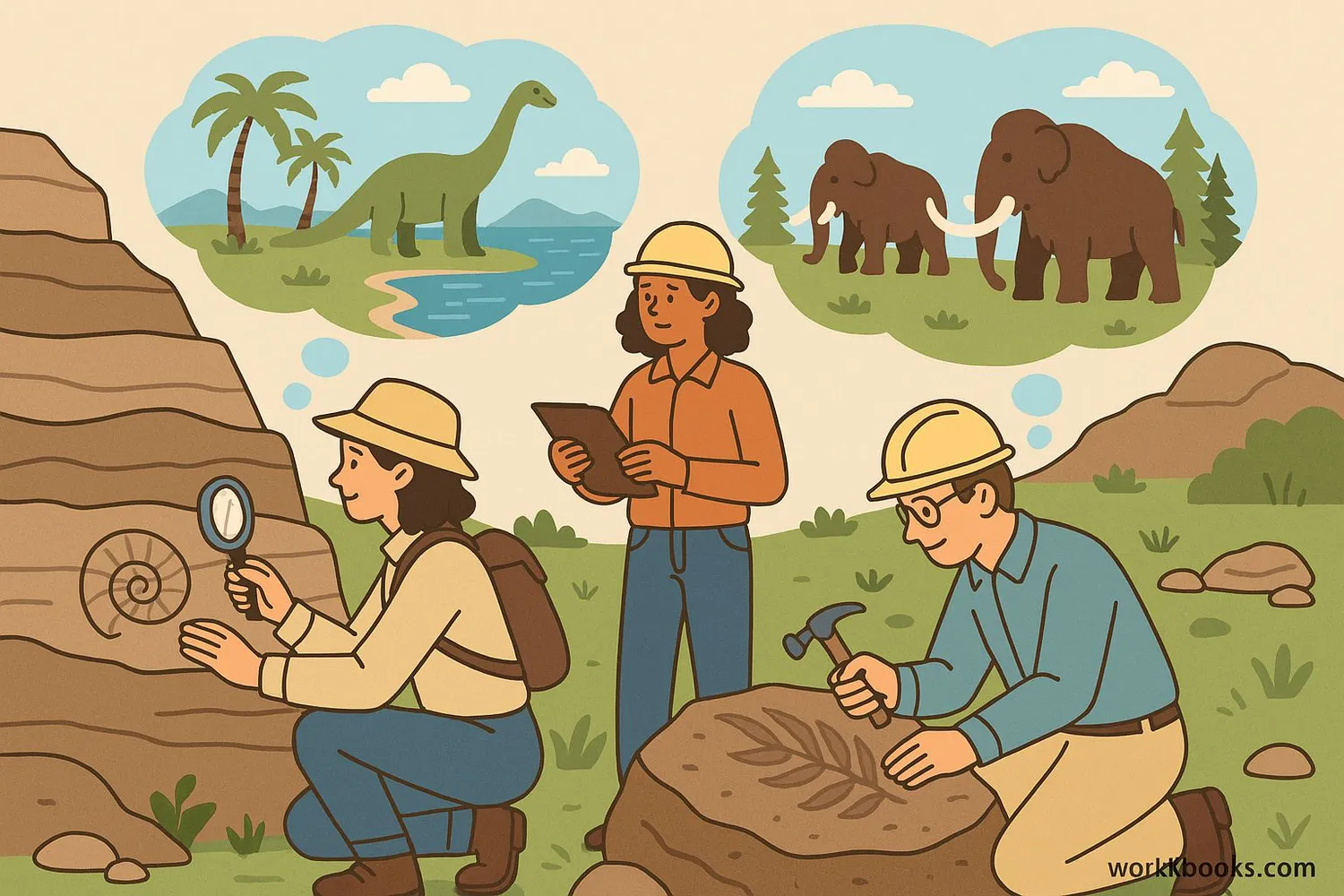 Illustration showing scientists studying rock layers and fossils to understand Earth's history
