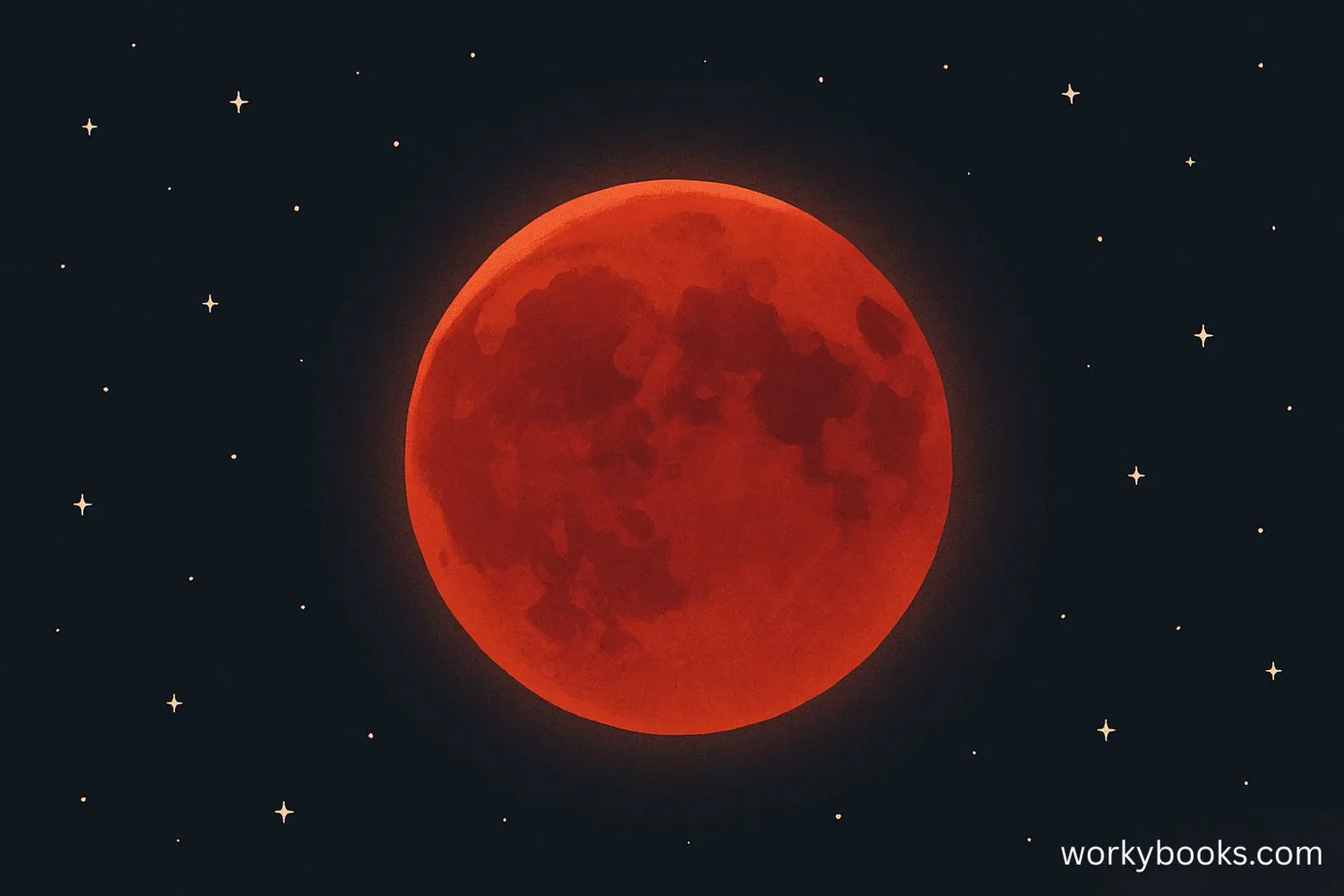 Image of a deep red Moon against a dark starry sky