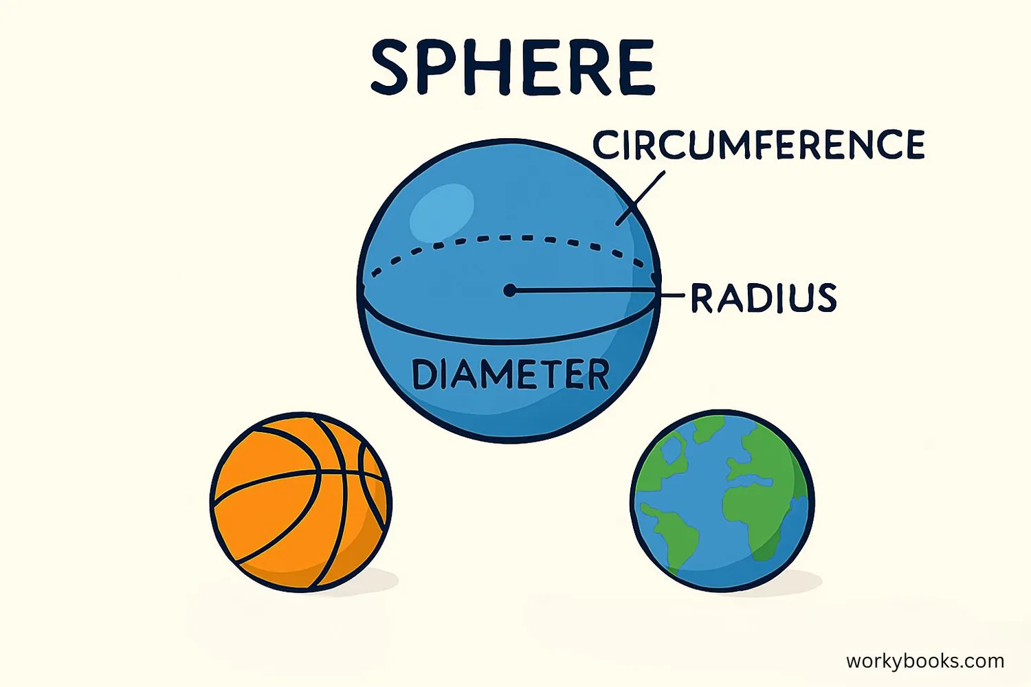 Sphere showing radius, diameter, and circumference with real-world examples like balls and planets