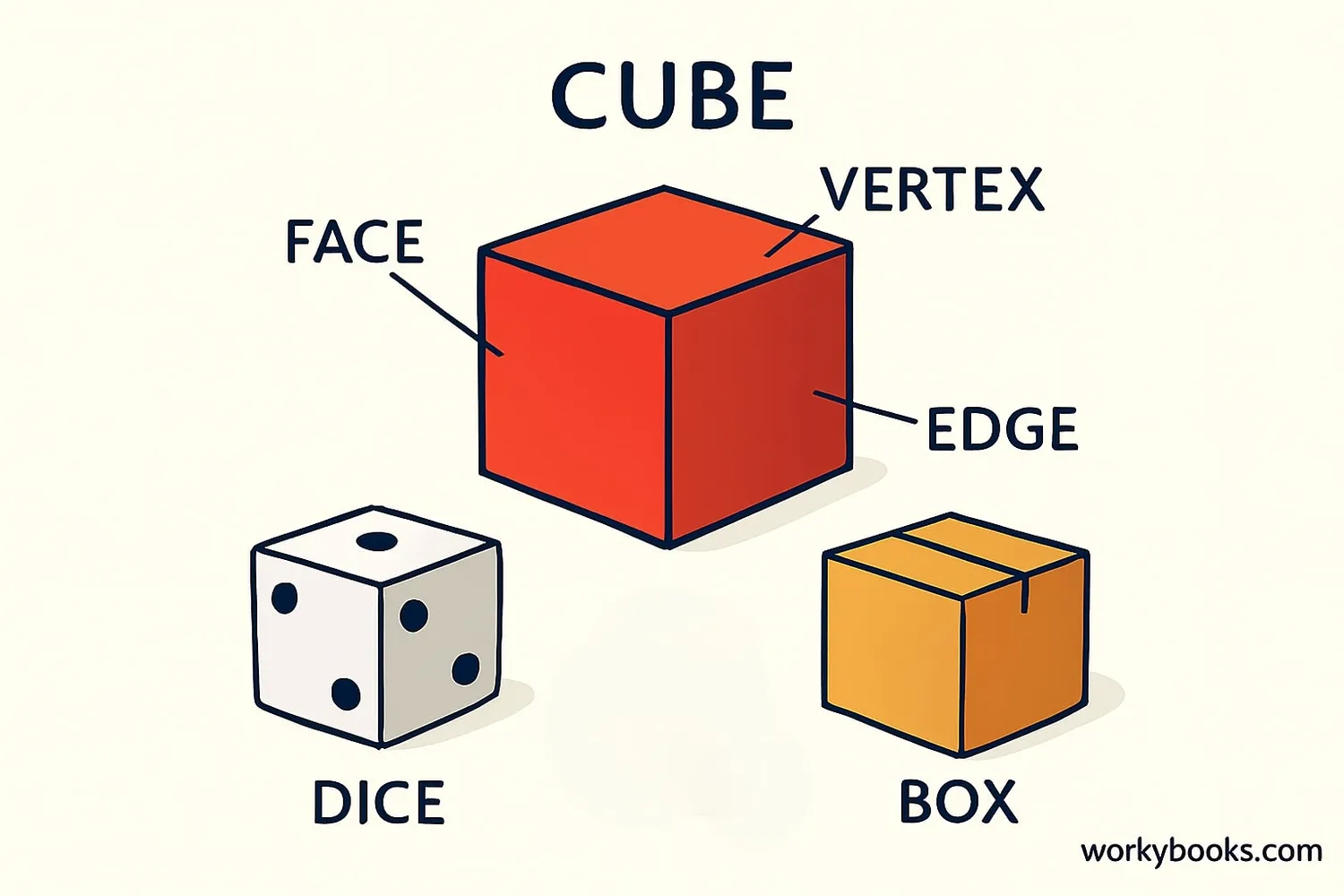 Cube showing its faces, edges, and vertices with examples like dice and boxes