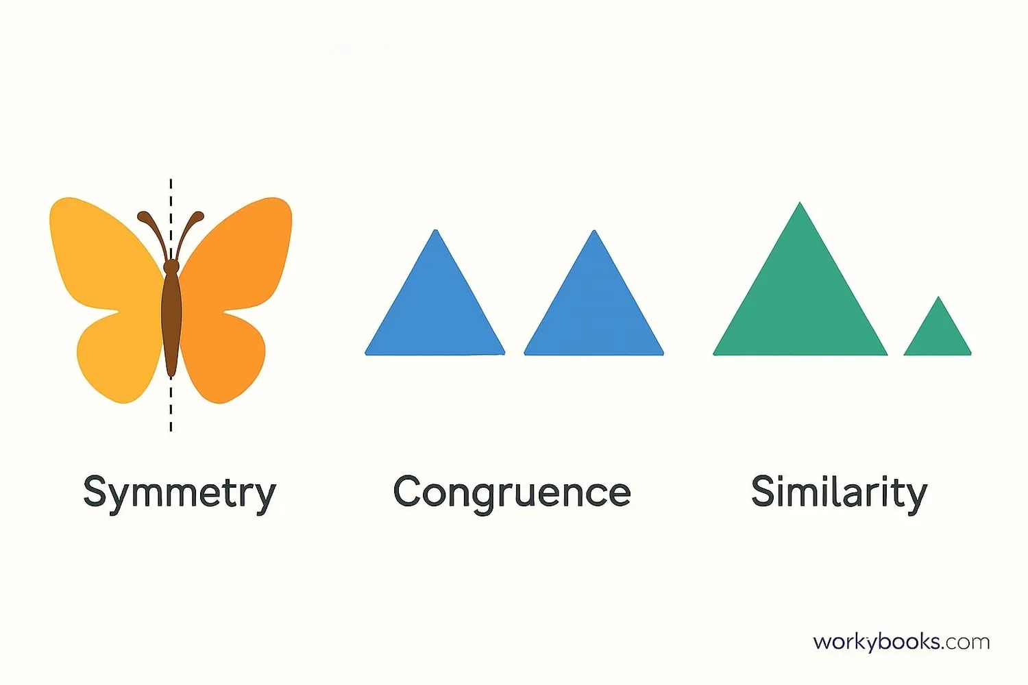 Visual examples of symmetry, congruence, and similarity in shapes