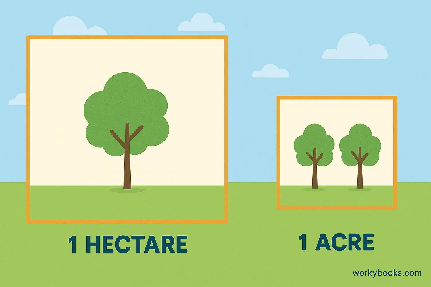 Visual comparison of hectare and acre measurements