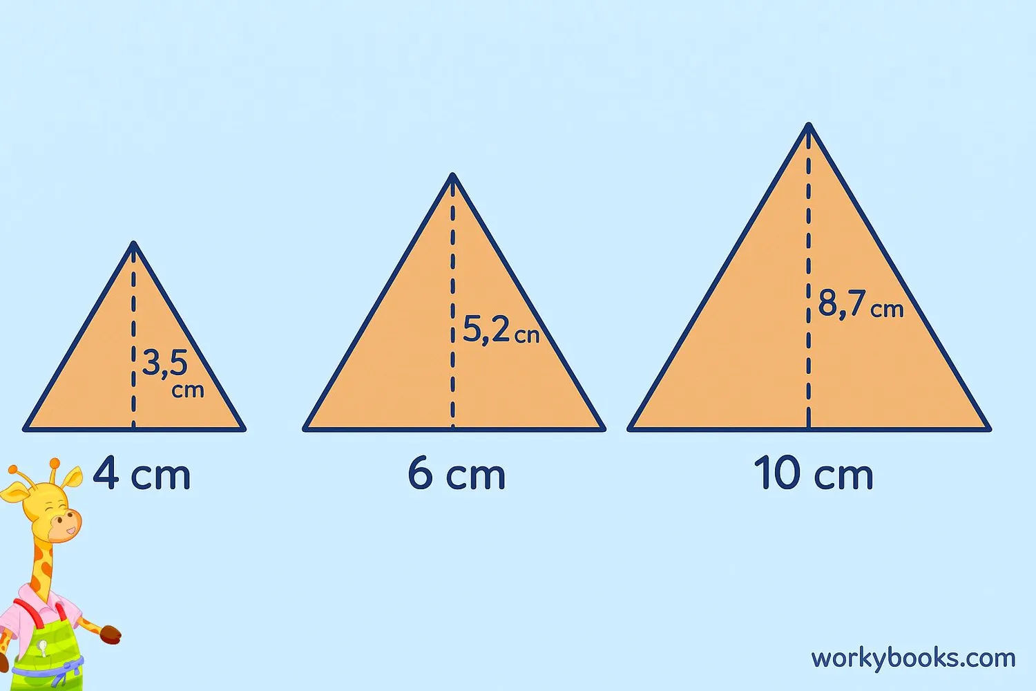 Examples of equilateral triangles with different side lengths and their calculated heights