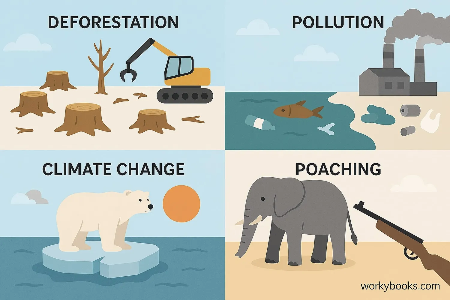 Illustration showing various threats to wildlife including habitat destruction, pollution, and poaching