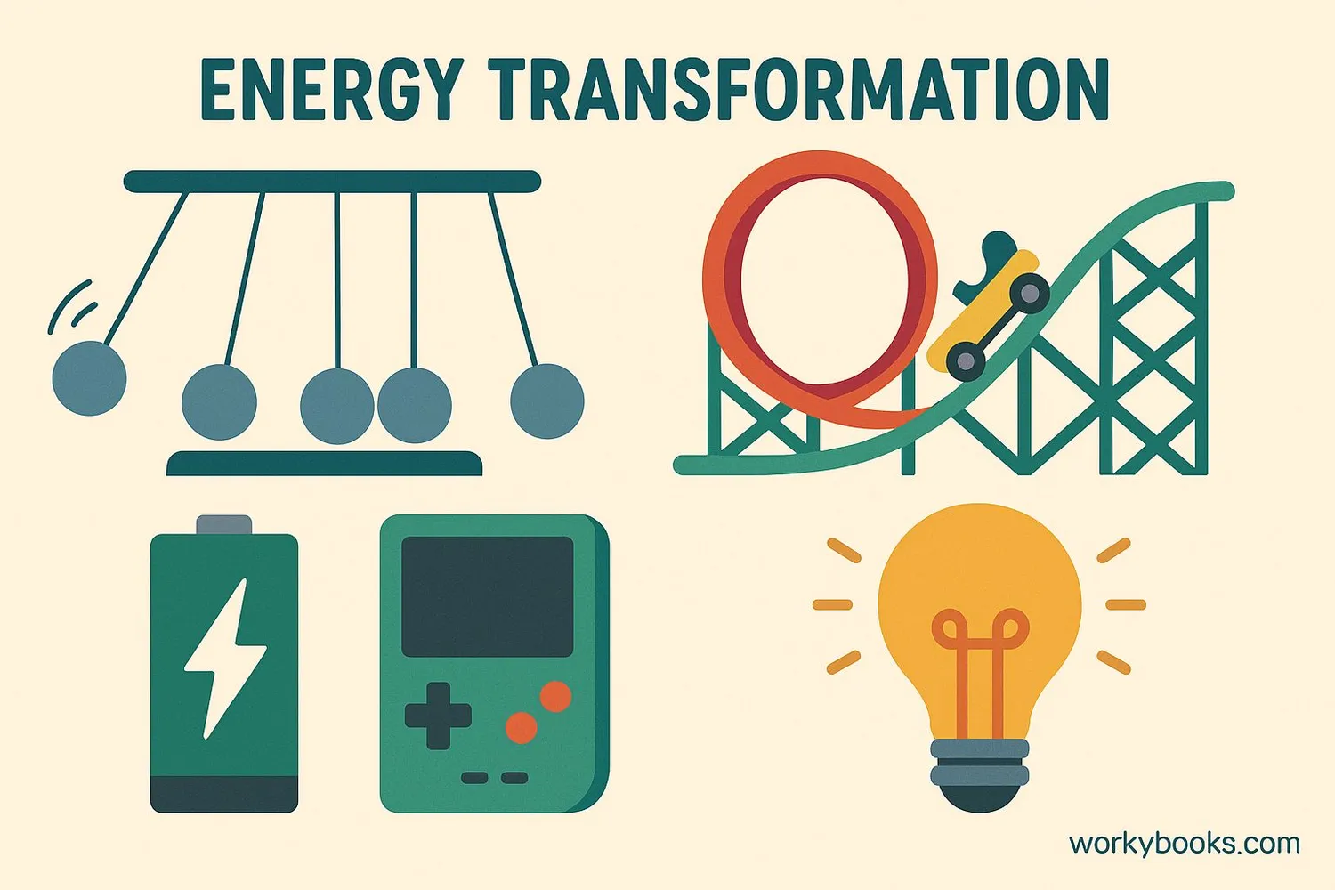 Collage showing multiple examples of energy transformation