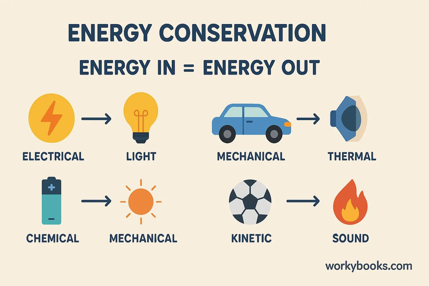 Visual representation of the energy conservation formula with examples of input and output energy
