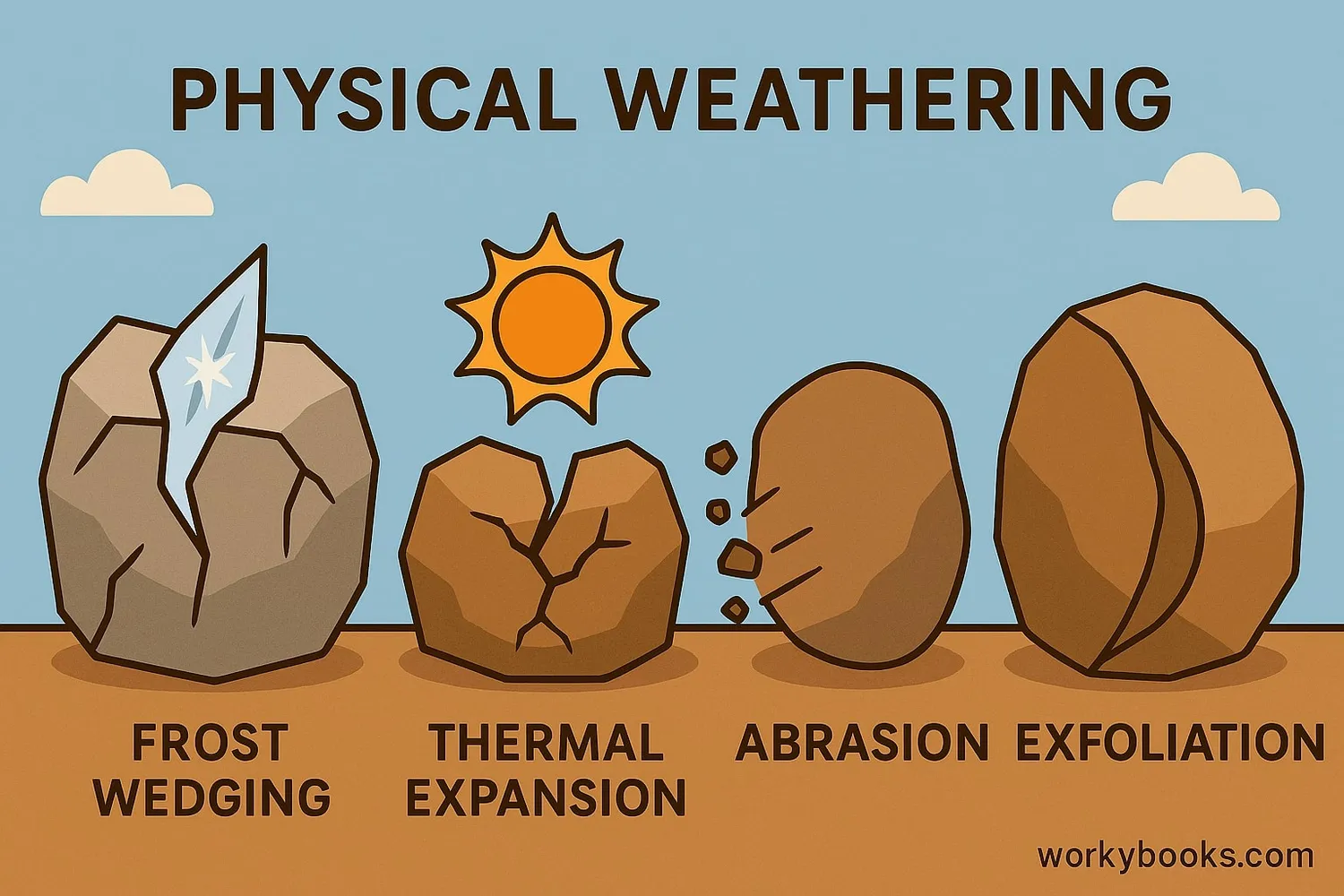 Diagram showing different types of physical weathering: frost wedging, thermal expansion, root wedging, and abrasion
