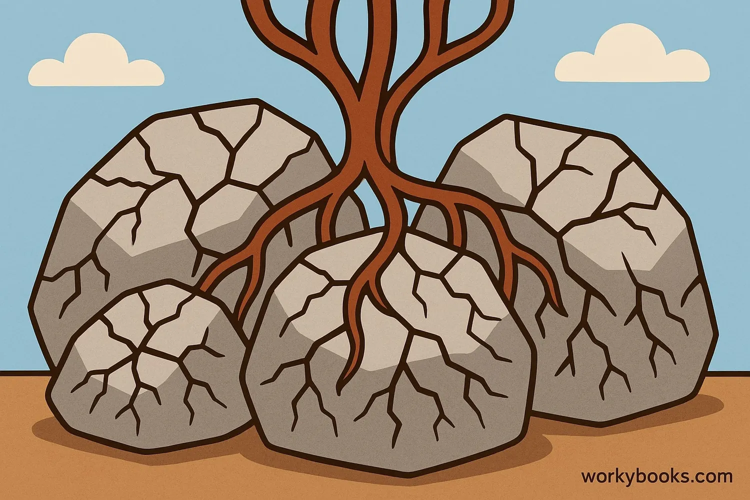 Visual representation of physical weathering: Rocks with cracks from temperature changes and plant roots