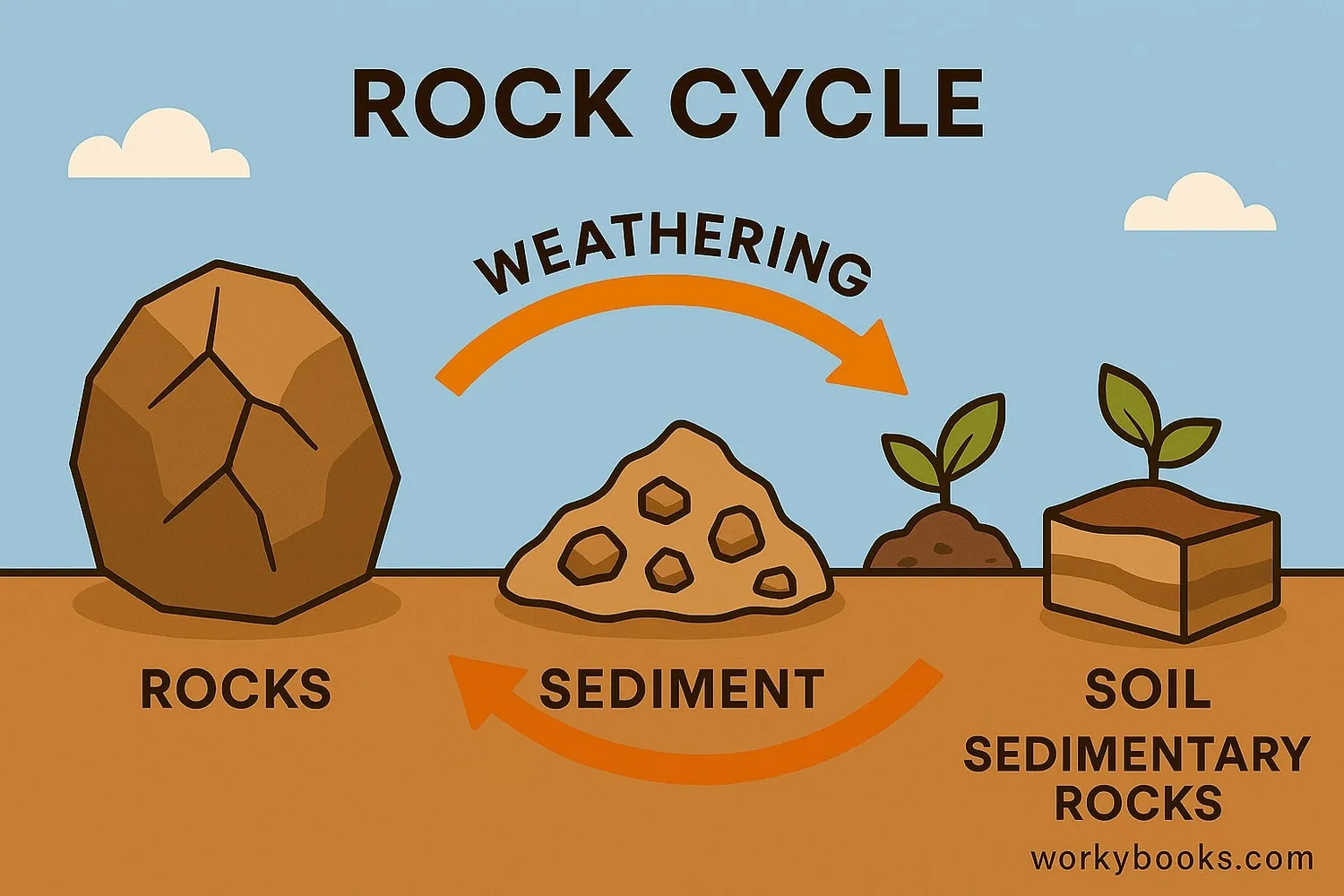 Illustration showing the rock cycle: weathering breaking rocks into sediment that forms soil and new rocks