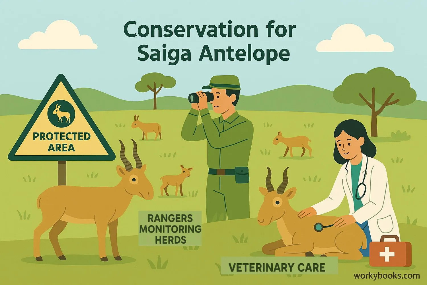 Illustration showing conservation efforts for Saiga Antelope including protected areas and anti-poaching measures