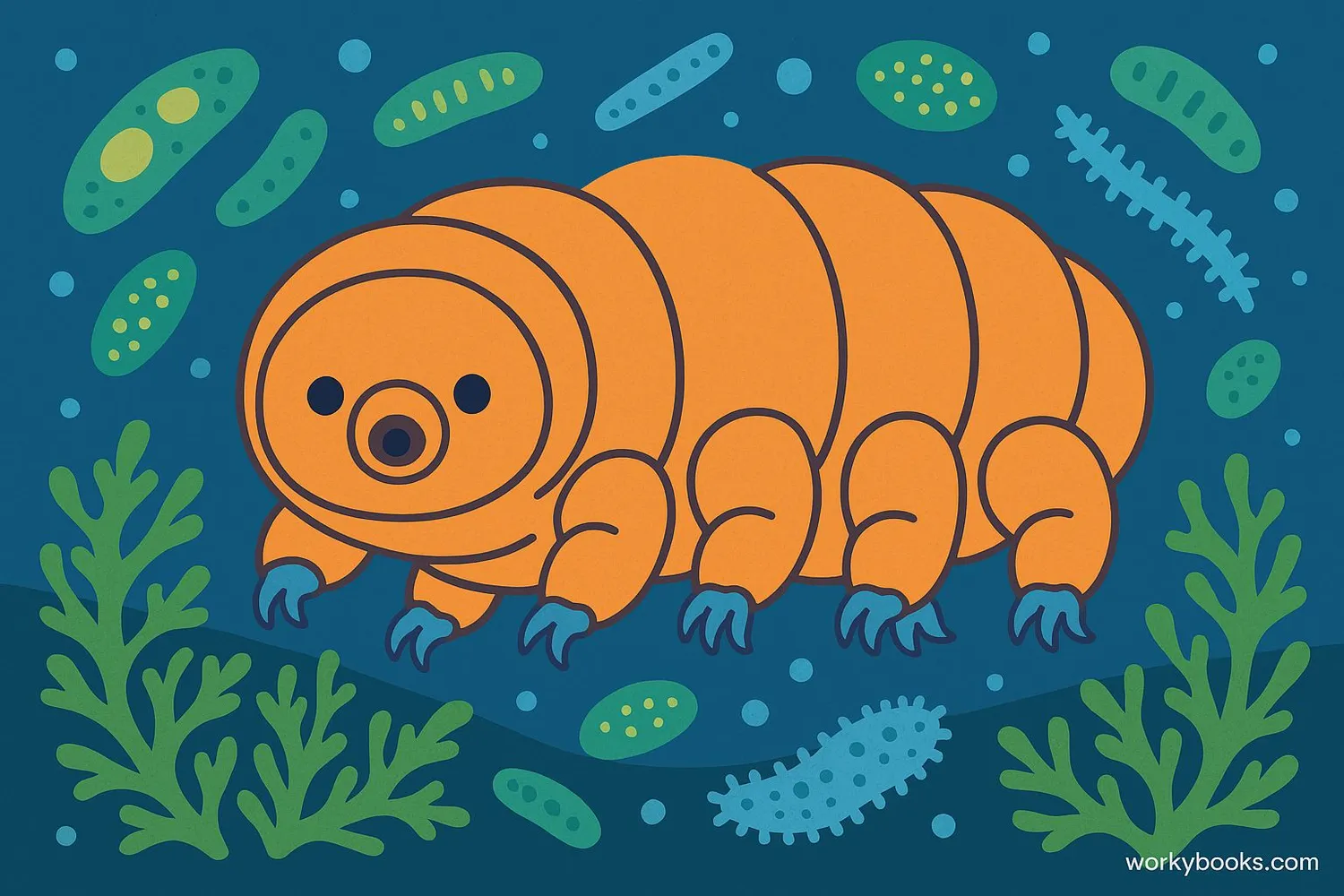 Visual representation of a tardigrade showing its eight legs with claws, segmented body, and cute appearance