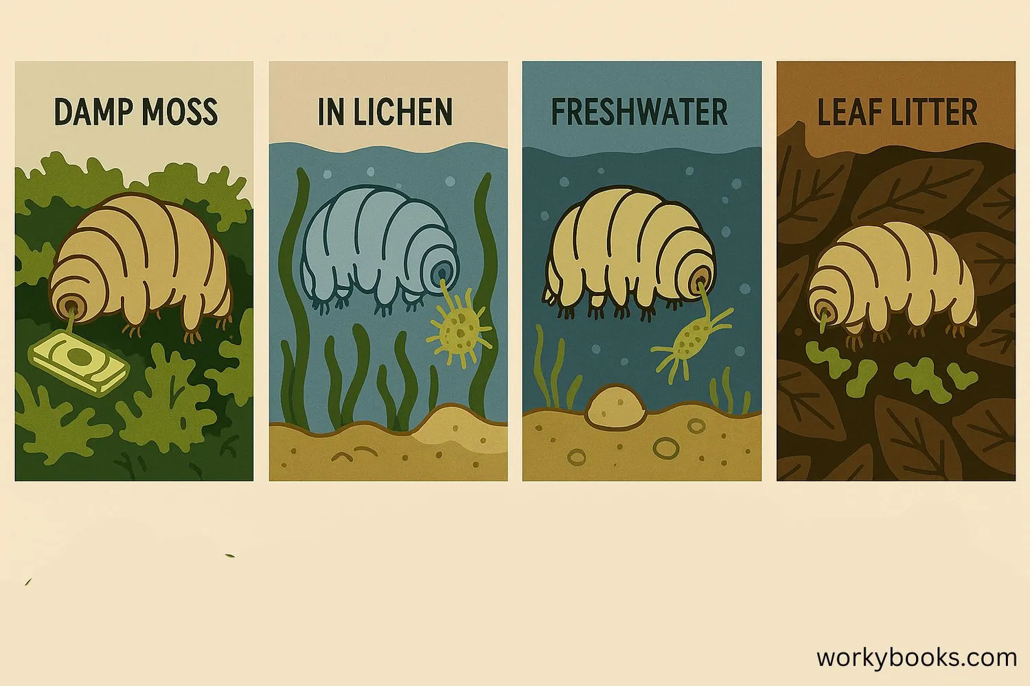 Illustration showing tardigrades in various habitats: moss, lichen, freshwater, sediment, and leaf litter