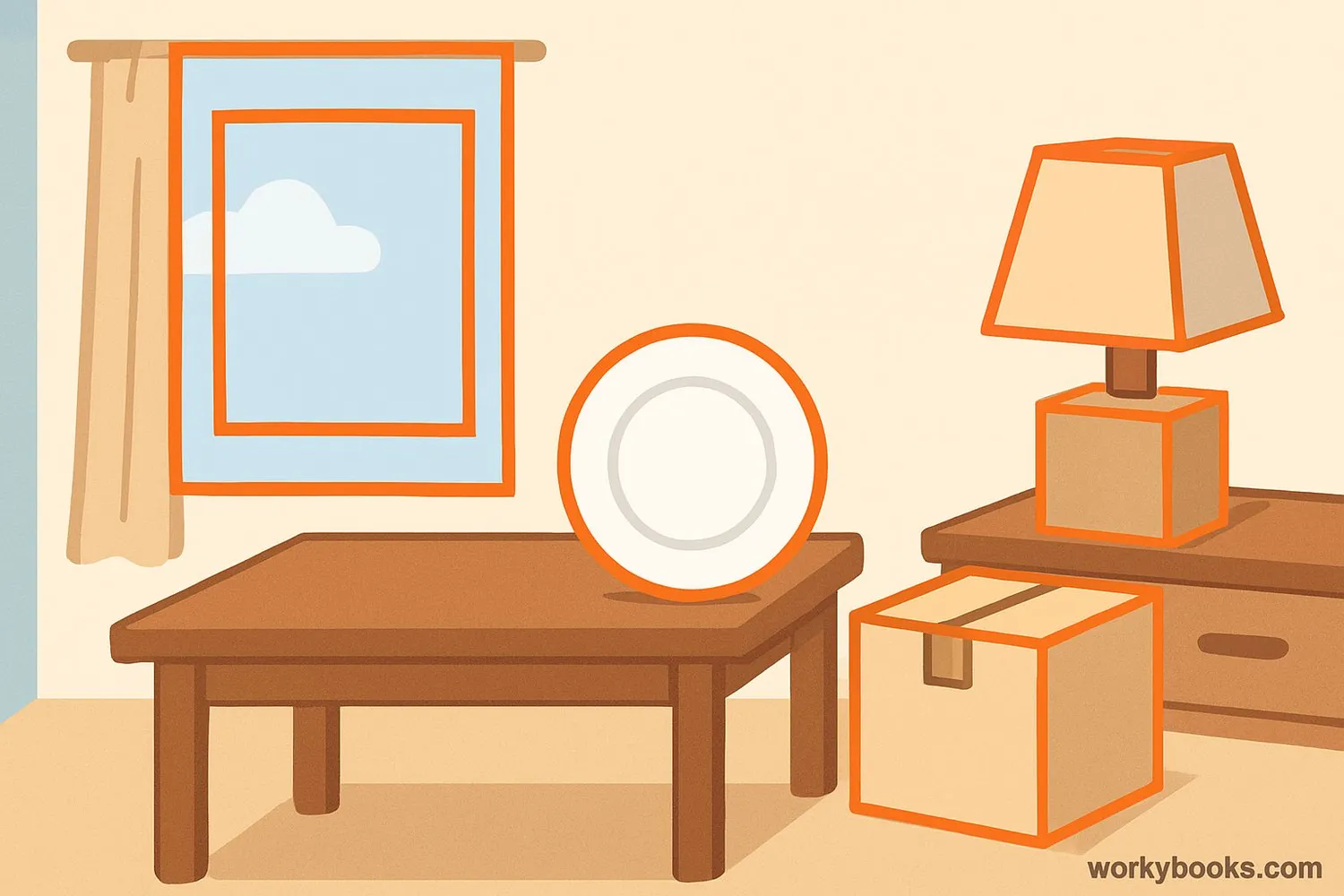 Various household items like windows (rectangles), plates (circles), and clocks (circles) with geometric shapes highlighted