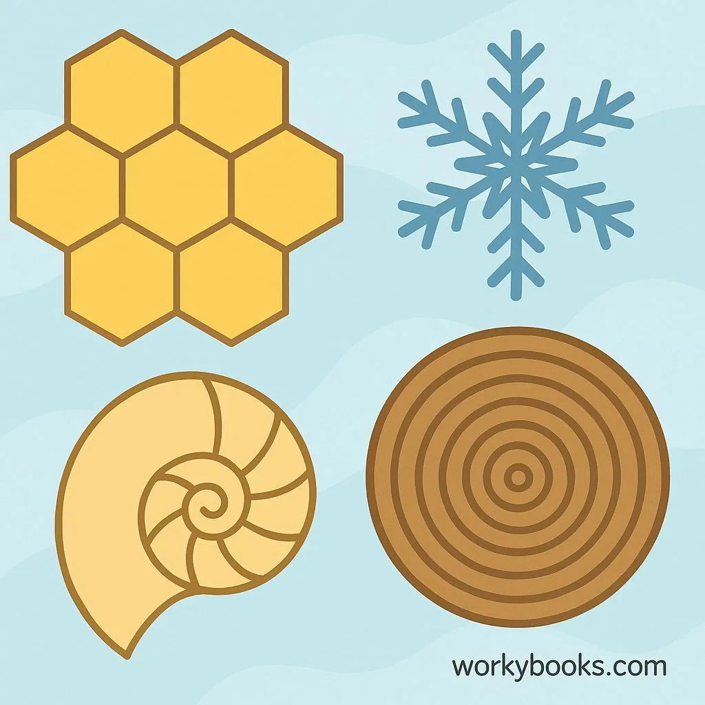 Honeycomb with hexagonal patterns, snowflakes with six-fold symmetry, and spiral patterns in shells and flowers