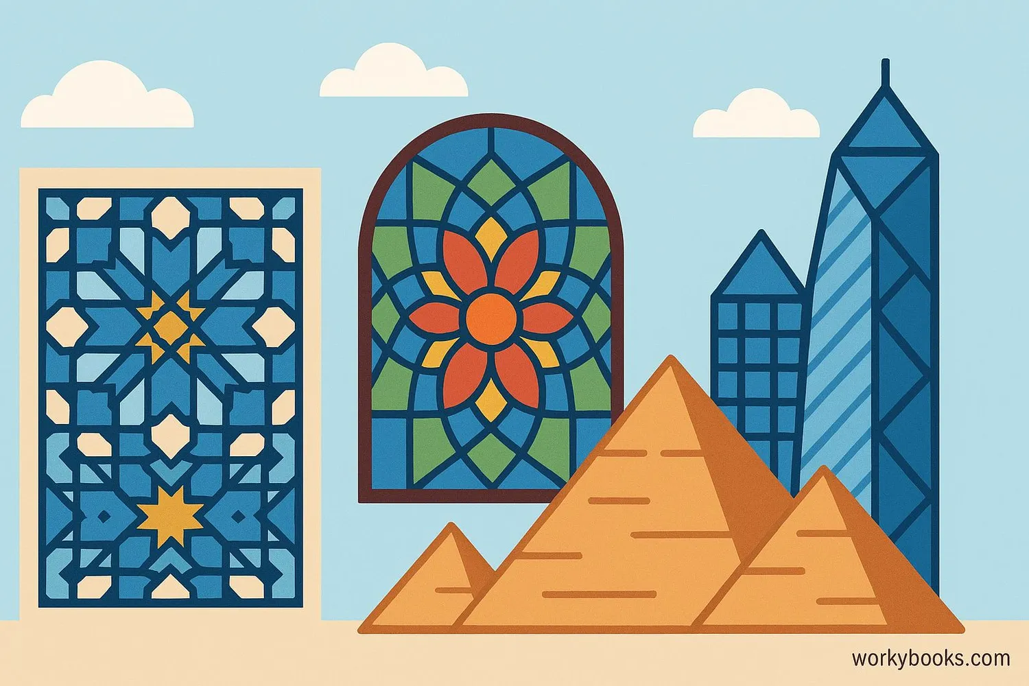 Islamic geometric patterns, stained glass windows with shapes, and famous buildings like the Pyramids and Parthenon
