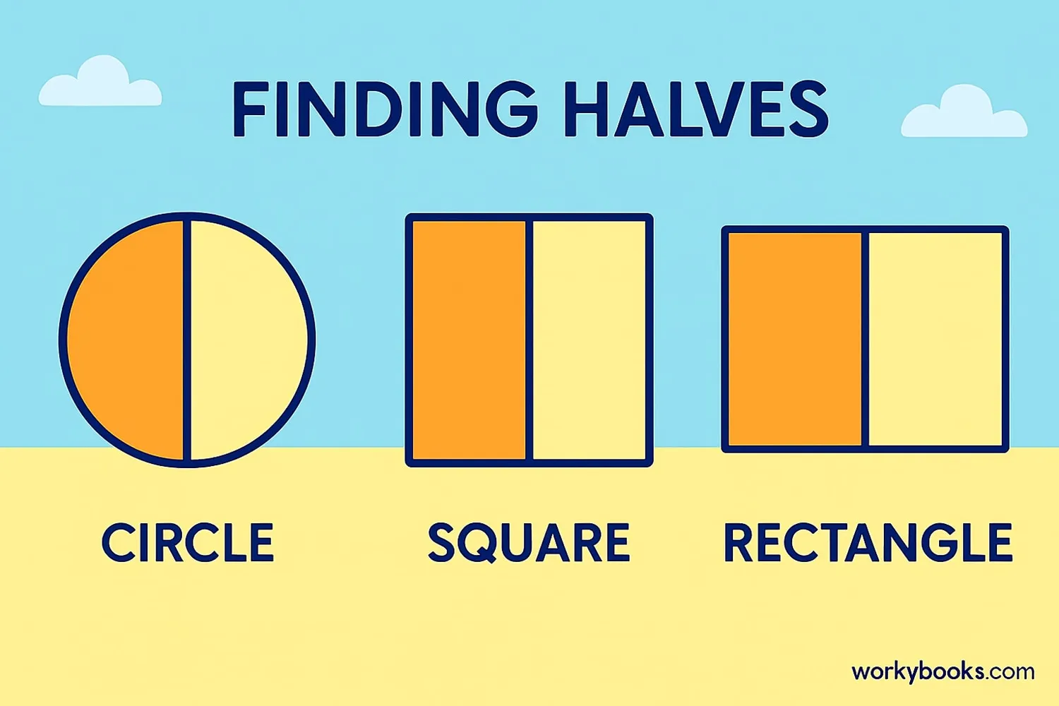Step-by-step guide showing how to divide shapes into two equal parts
