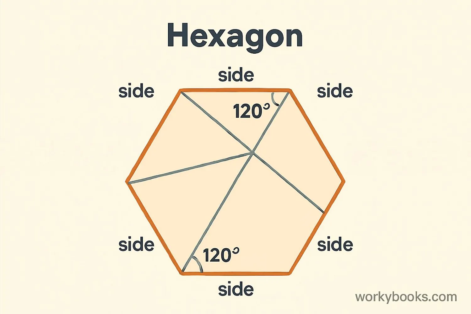 Diagram showing properties of a hexagon including sides, angles, and diagonals