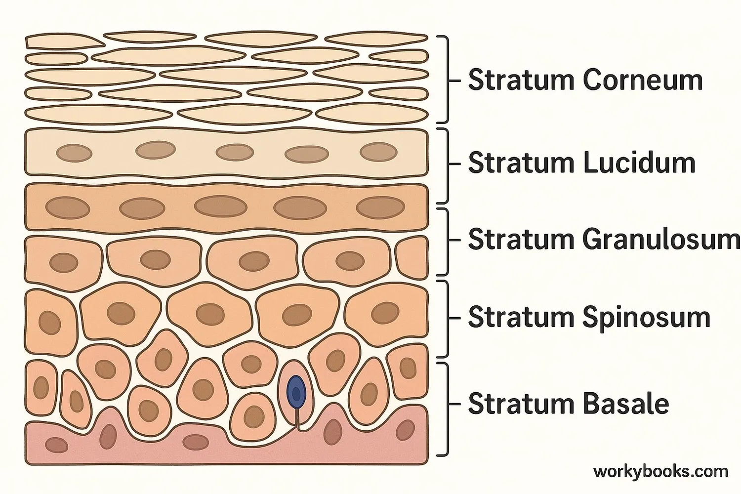 Illustration showing the 5 layers of the epidermis